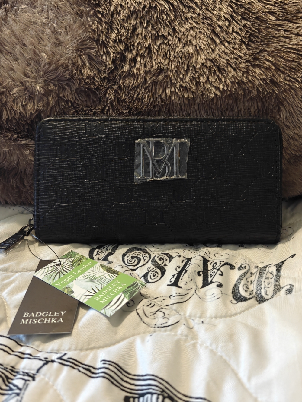 Badgley Mischka Black Embossed Zip-Around Wallet with Silver Plaque